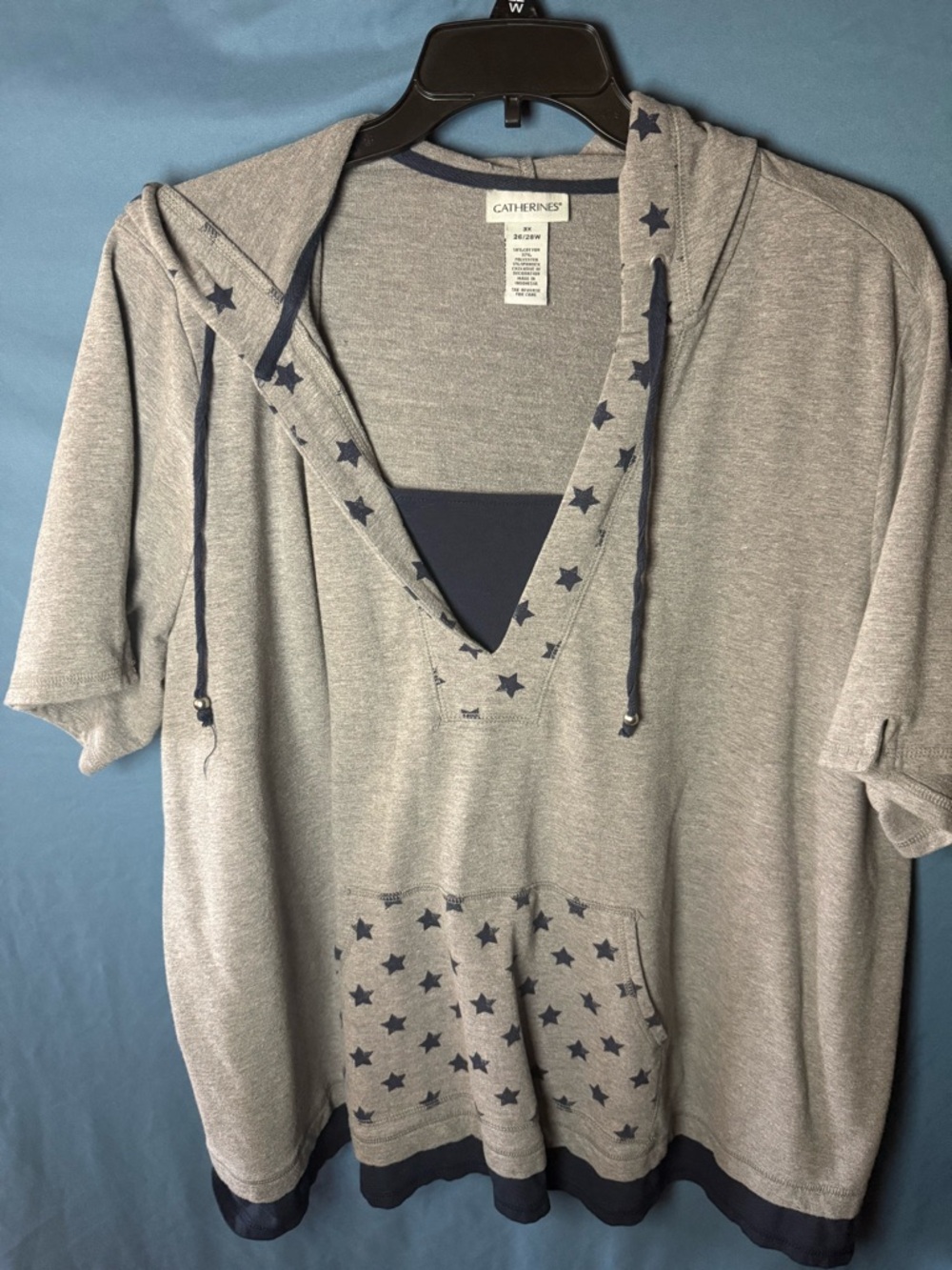 Catherines Gray Hoodie Shirt with Navy Star Accents